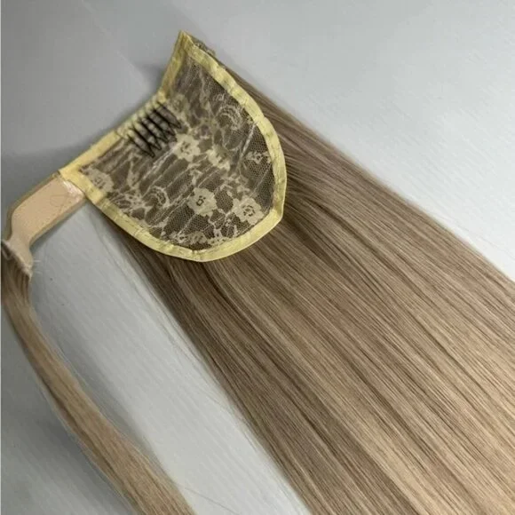 28” Human Hair Blend Wrap Around Ponytail – Silk Straight, Natural Ash Blonde - Picture 4 of 10